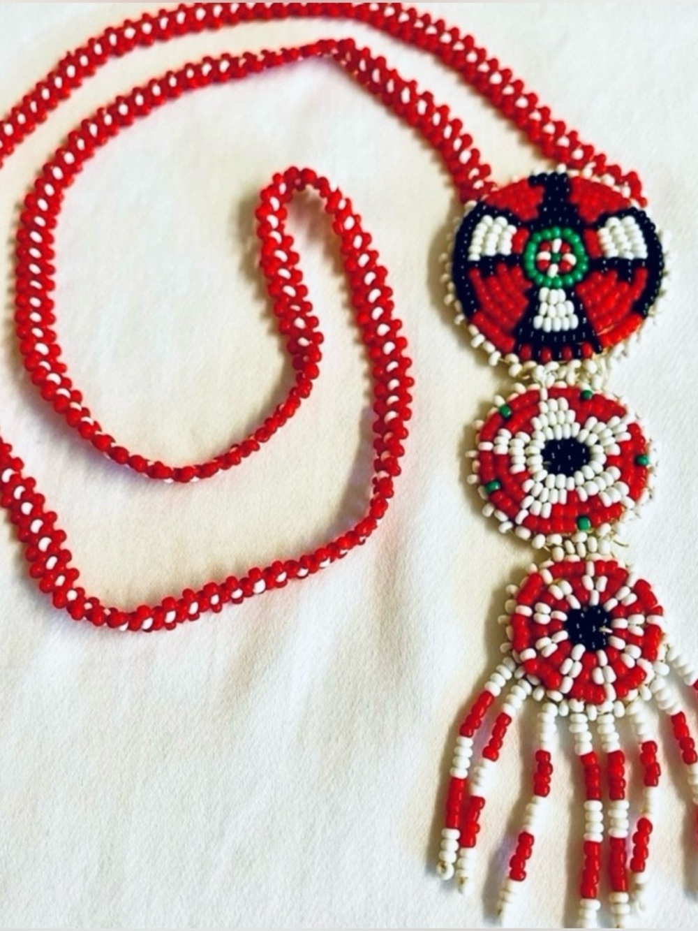 Vintage Handmade Red, White & Black Beaded Thunderbird Necklace with Fringe